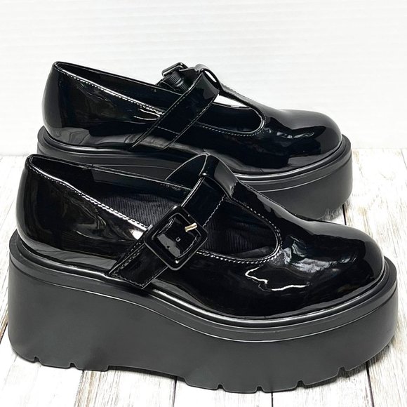 New Black Patent T-Strap Platform Mary Jane Wedge Ballet Flats - Picture 2 of 5